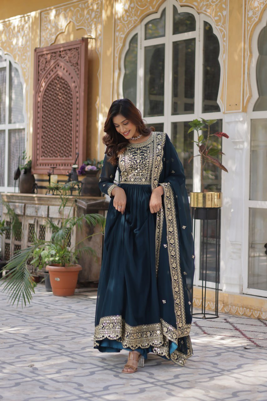 Women's Luxurious Plum Velvet Anarkali Gown with Heavy Gold Zari & Sequin Embroidery – Perfect for Weddings & Grand Festivities - Image 8