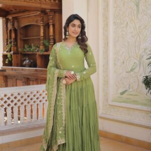 Green Faux Georgette Designer Gown with Sequined Dupatta ? Fully Flared Elegant Ready-to-Wear Set